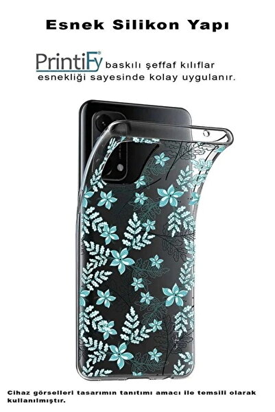 PrintiFy Realme 11 Pro Plusİle Uyumlu Floral Su Yeşili Baskılı Kamera Korumalı Şeffaf Kılıf