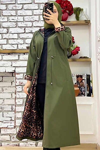 Yeslena Full Fermuar Kapama Kapüşonlu Uzun Kol Büzgülü İki Cepli Rahat İçi Leoparlı Diz Altı Günlük Trençkot