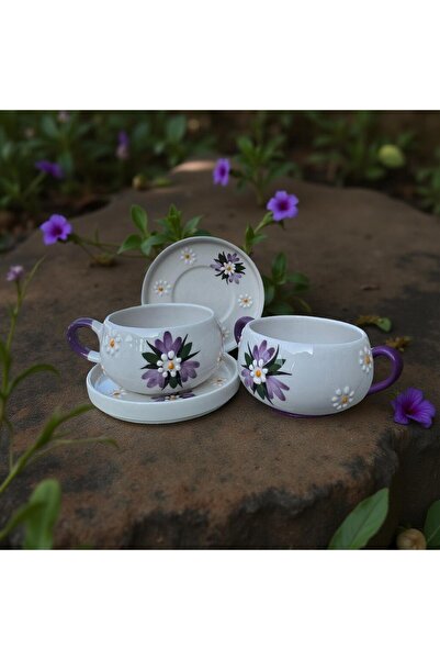 İlbay Çini Takı Bear Mug with Saucer Lilac Crocus Flower, 2 Mugs, 2 Saucers, Handcrafted Ceramic Mug, Cake Mug