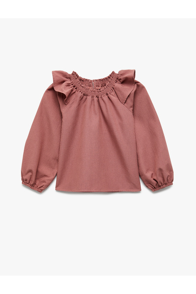 Koton Balloon Sleeve Checkered Cotton Long Sleeve Smocked Neck Blouse