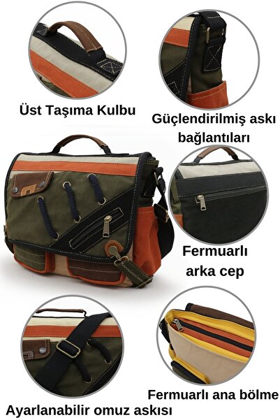 Cappadocia Vintage 4017 Khaki Cream 14-Inch Laptop Cotton Gabardine Messenger School Bag Unisex Lockable Multi-Pocket Shoulder Strap