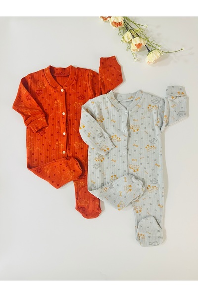 Vivolas 100% Organic Cotton Baby Rompers Set of 2 Gray & Brick Long Sleeve
