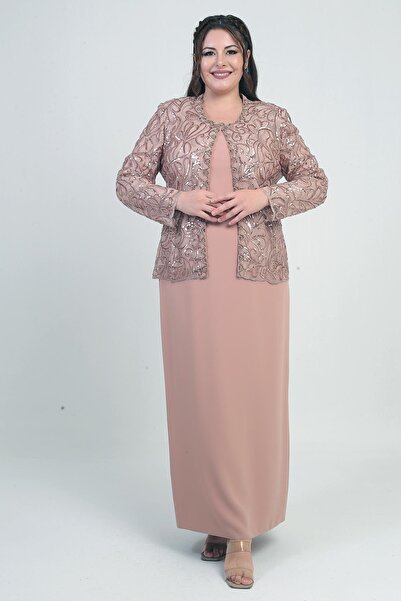 By Saygı Women's Sequins Embroidered Beading Detail Tulle Jacket Half Moon Sleeve Long Dress Lined Crepe Plus Size 2-Piece