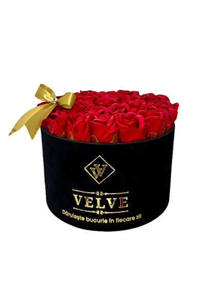 velve Aranjament floral Splendor, in cutie de catifea cu 25 trandafiri de sapun, Rosu-Negru