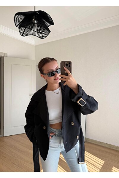 BAŞARAN Black Short Trench with Belt Detail