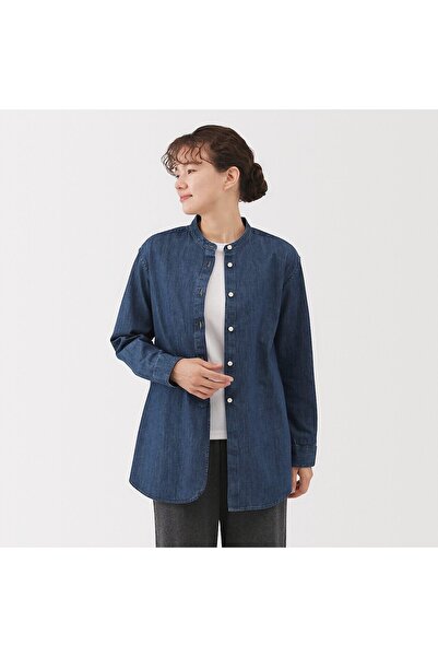 Muji قميص جينز مغسول بياقة واقفة وأكمام طويلة