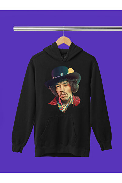 MAGORS Sweatshirt rock cu glugă, cu mânecă lungă, din bumbac imprimat JIMI HENDRIX, cu 3 fire
