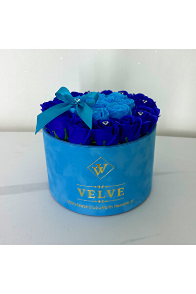 velve Aranjament floral Splendor in doua culori, in cutie de catifea cu trandafiri de sapun,Albastru-Blue