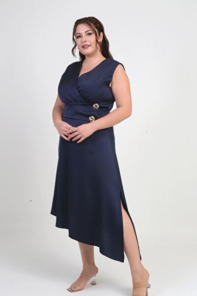 By Saygı Women's Double Breasted Collar Button Detailed Asymmetrical Plus Size Crepe Satin Dress