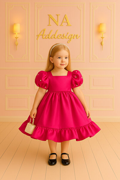 NA ADDESIGN Kız Çocuk Saten Balon Kollu İncili Prenses Elbise – 5 Renk Seçenekli