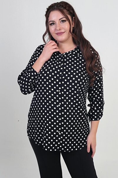 By Saygı Women's Sleeve Folded Polka Dot Plus Size Shirt