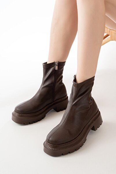 Mida Shoes 236-2011 Kahve Streç Fermuarlı Günlük Kadın Bot