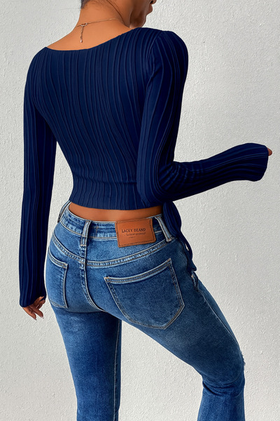 Marin Star Синя блузка з довгими рукавами, з боковими збірками та човниковим коміром, еластична синя блузка з човниковим коміром та збірками