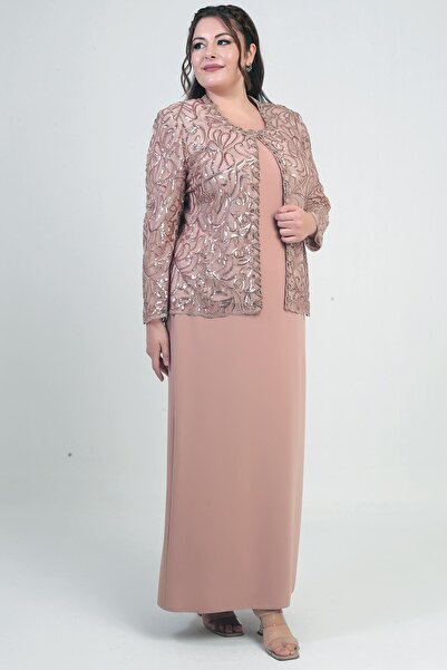 By Saygı Women's Sequins Embroidered Beading Detail Tulle Jacket Half Moon Sleeve Long Dress Lined Crepe Plus Size 2-Piece