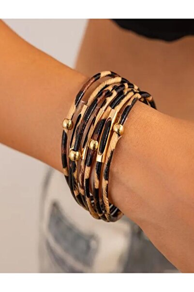 KANERUZ سوار مغناطيسي من الجلد بنقشة الفهد مكون من 7 صفوف