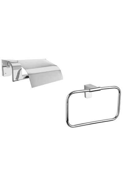 Zethome F1 Series Chrome Stainless Square Towel Rack and Toilet Paper Holder with Lid Bathroom Set