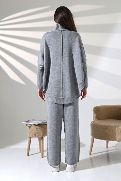 bacc Women's grey turtleneck oversized sweater and fitted pants two-piece knit set bces-252033