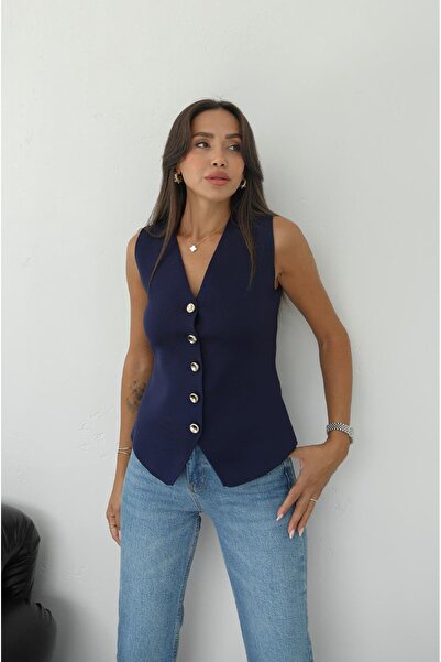 Havoş Navy Blue Five-Button Steel Knitted Vest