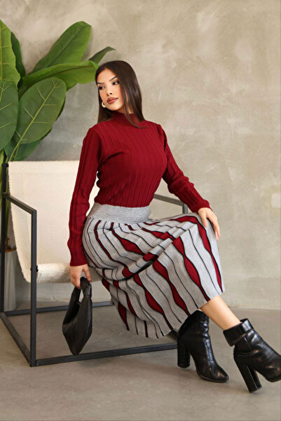 loia Kadın Bordo Şık Etek Görünümlü Triko Elbise LOİA25-5256