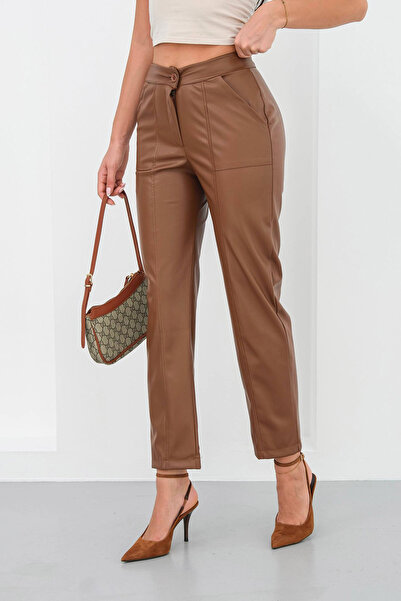 bacc Women's brown double pocket front stitch detailed faux leather pants bchn-25265098