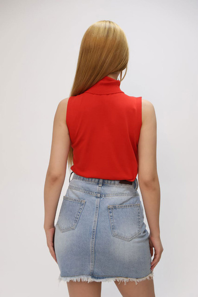 bacc Kadın Kırmızı Kolsuz Boğazlı Triko Bluz BCES-252022