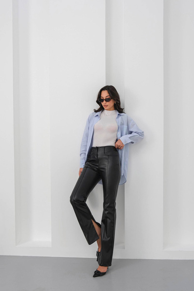 bacc Women's black high waist slit faux leather pants bchn-25265099