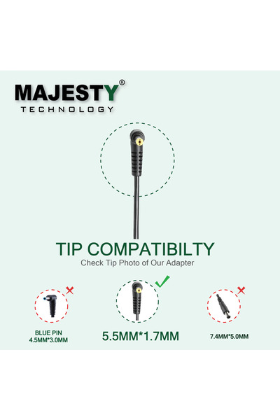 majesty شاحن لابتوب من ماجيستي، محول طاقة 65 واط، 19 فولت 3.42 أمبير، متوافق مع أجهزة أيسر أسباير
