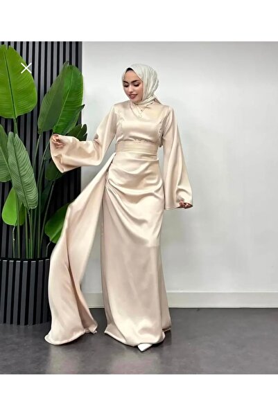 Modarana İspanyol Kol Kuyruklu Saten Tesettür Abiye