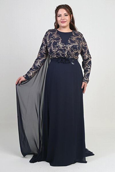 By Saygı Kadın Kruvaze Yaka Görünümlü Pullu Astarlı Şifon Uzun B.B. Elbise