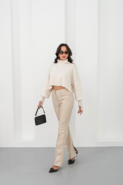 bacc Women's beige high waist slit faux leather pants bchn-25265099