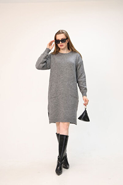 bacc Γυναικείο γκρι φόρεμα με διπλή τσέπη και στρογγυλή λαιμόκοψη BCES-252022-1