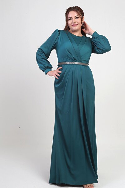 By Saygı Kadın Kruvaze Yaka Görünümlü Pileli Astarlı Uzun Saten B.B. Elbise