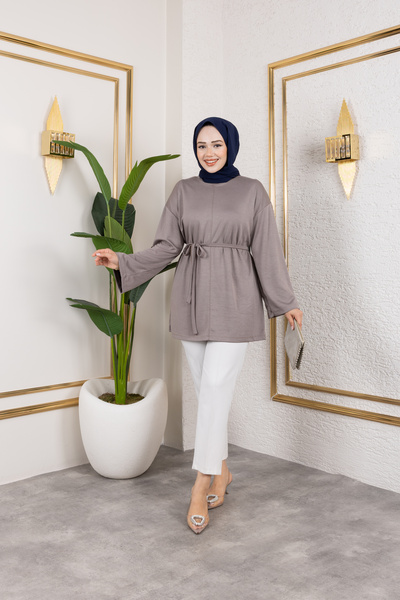 Eliva Women's Mink Belted Modal Knitted Fabric Hijab Tunic