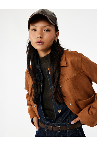 Koton Classic Collar Long Sleeve Faux Suede Shirt with Snap Button Pocket Detail