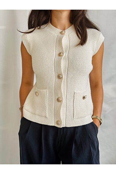 Store Altın Düğme Detaylı Önü Cepli Standart Beden Kolsuz Triko Bluz