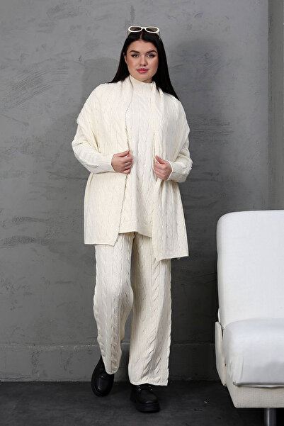 bacc Ecru Knitted Motif Sweater Cardigan and Trousers 3-Piece Knitwear Set Bces-252031