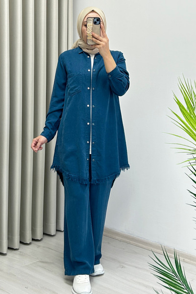 T Moda Store Premium Fabric Snap Button Detailed Shirt Trousers Double Hijab Suit
