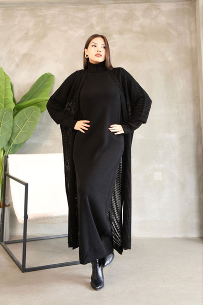bacc Women's black turtleneck long sleeve knit dress and long cardigan hijab top and bottom knit set bces-252039
