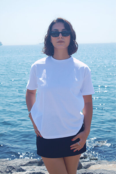 MUVIANCE Kadın Beyaz Oversize Basic Tişört – %100 Pamuk Rahat Günlük Basic