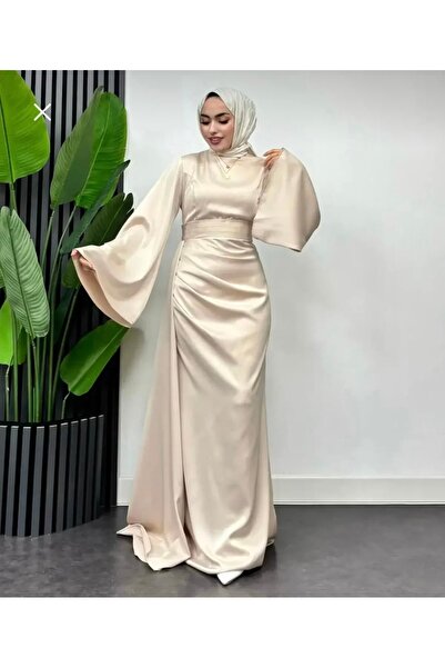 Modarana İspanyol Kol Kuyruklu Saten Tesettür Abiye