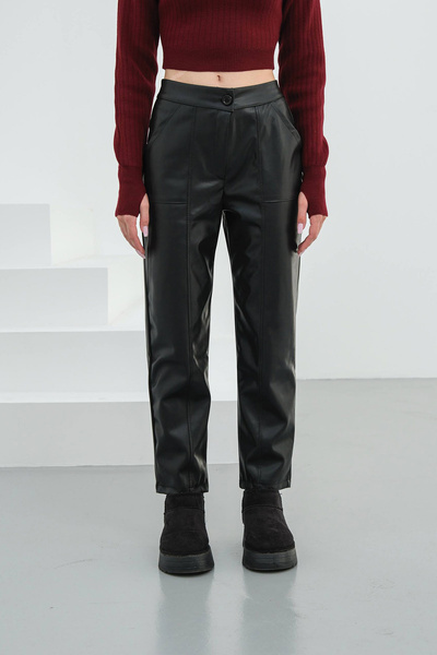 bacc Black Double Pocket Faux Leather Pants with Front Stitching Detail Bchn-25265098