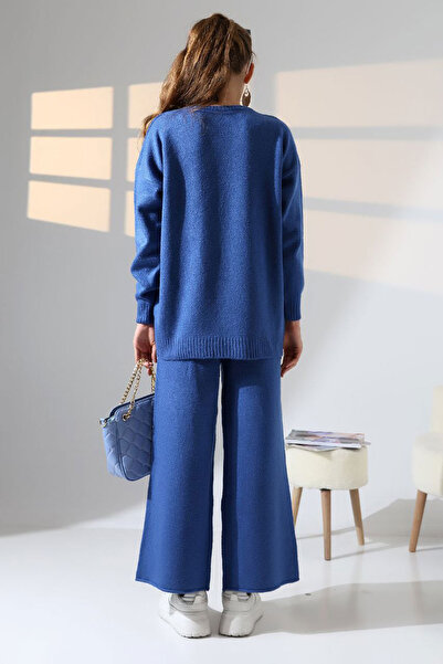 bacc Women's blue crew neck sweater and wide leg pants top bottom knitwear set bces-252005