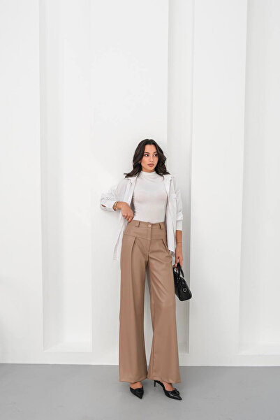 bacc Women's Beige Wide Leg Faux Leather Pants Bchn-25263644