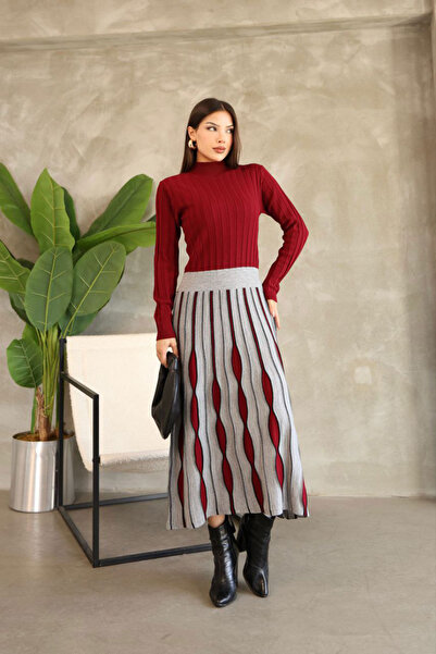 loia Kadın Bordo Şık Etek Görünümlü Triko Elbise LOİA25-5256