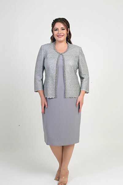 By Saygı Jewelled Collar Lined Crepe Dress Sequin Jacket Plus Size Double Set