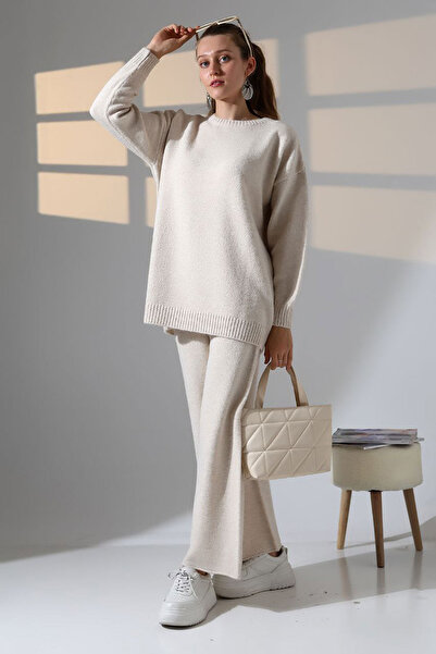 bacc Ecru Crew Neck Sweater and Wide Leg Pants Bottom Top Knitwear Set Bces-252005