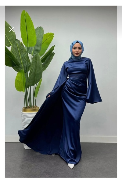 Modarana İspanyol Kol Kuyruklu Saten Tesettür Abiye
