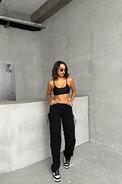 bacc Women's black parachute fabric joggers with side slits bchn-25w26704