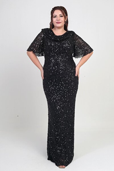 By Saygı Women's Degaje Collar Short Sleeve Lined Sequin Plus Size Lycra Dress