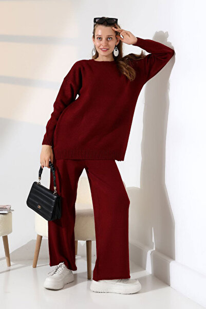 bacc Women's burgundy crew neck sweater and wide leg pant bottom top knitwear set bces-252005